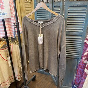 Easel Deep V Neck Washed Mocha Terry Pullover
